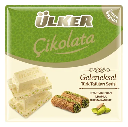 Ülker Weiße Schokolade mit Pistazien und "Burma Kadayif" Stückchen 60g