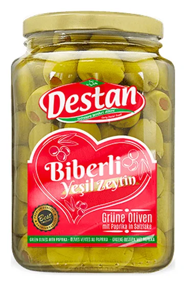 Destan Biberli Yesil Zeytin Cam 900g